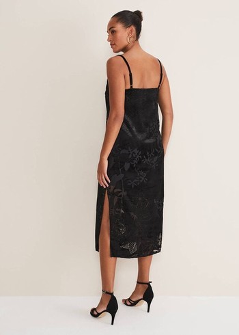 Phase Eight Fayette Textured Velvet Slip Dress Black Australia | VP8976102